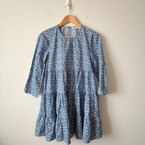 Zara Babydoll Tiered Floral Cotton Mini Dress Blue Size Medium - Picture 6 of 10